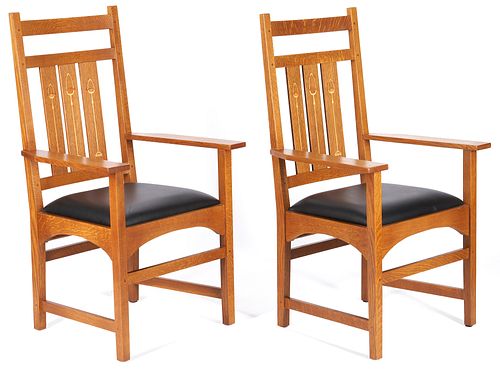 Pair of Harvey Ellis Oak Arm Chairs, Stickley NY (Audi)