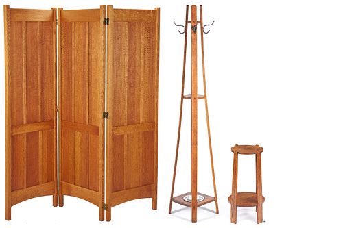 3 Arts & Crafts Mission Style Items: Floor Screen, Umbrella Stand & Plant Stand
