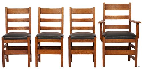 Four Arts & Crafts Ladder Back Chairs, L&JG Stickley