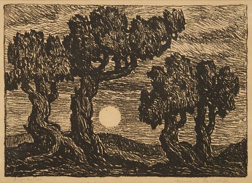 Birger Sandzen Lithograph, Moonrise in the Foothills, 1923