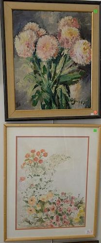 Three paintings to include a watercolor still life of flowers signed and dated lower left J. Kinal 1984, an oil on canvas sti