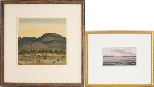 2 Small Western Landscapes, incl. Peter Hurd Lithograph