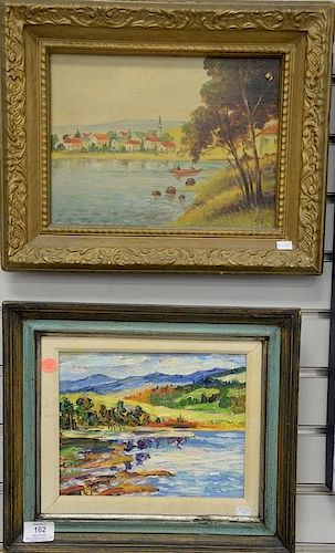 Group of five Russian oil paintings to include Village by River initialed M.C., an oil on board Marsh signed J. Messock 1984?