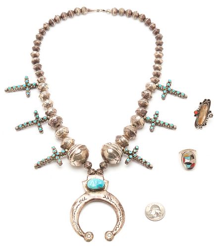 3 Navajo Multi Stone Jewelry Items, incl. Cross Squash Blossom Necklace