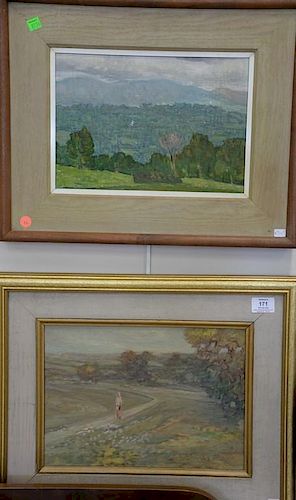 Three oil on board paintings (Russian or European) including Woman in a Field unsigned attributed to Sawchuck 1970's (11 1/2"