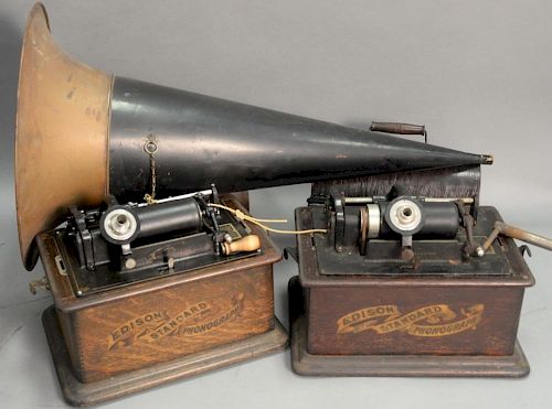 Two Thomas Edison Standard phonographs, one as is, one with 30inch horn. ht. 11in., wd. 11 1/4in., dp. 9 1/4in.