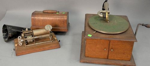 Two phonographs "The Graphophone American Type B" and a disc phonograph, one with 10inch horn. ht. 6 1/4in., wd. 11 3/4in., d