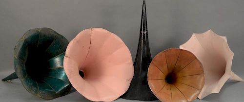 Five Edison phonograph paneled horns. 25" to 30 1/2"