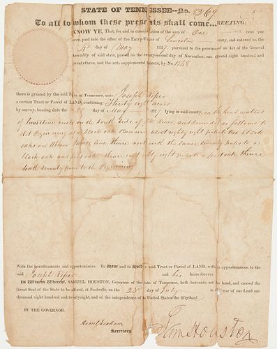 Sam Houston signed land grant, 1827, Lincoln County