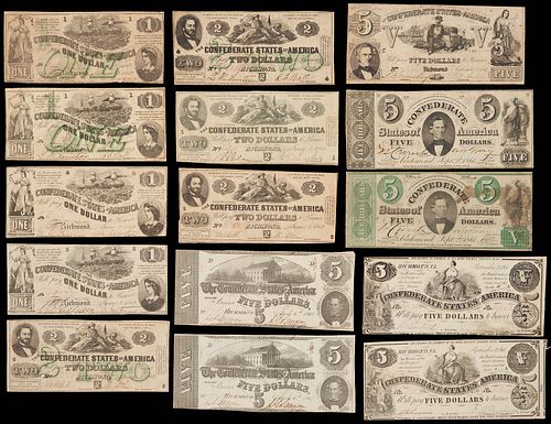 15 Confederate States Obsolete Currency Notes, $5, $2 & $1