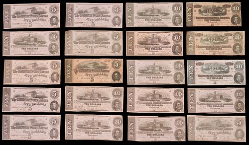 19 Confederate States Obsolete Currency Notes w/ Pink Overprint