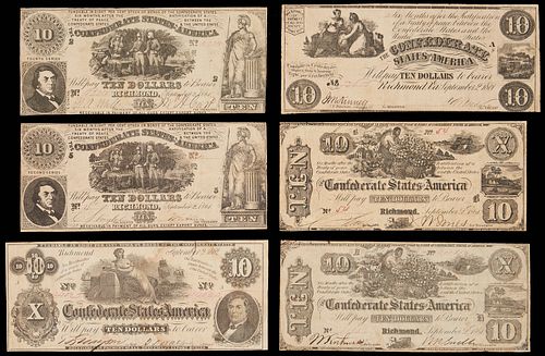 6 Confederate States $10 Obsolete Currency Notes