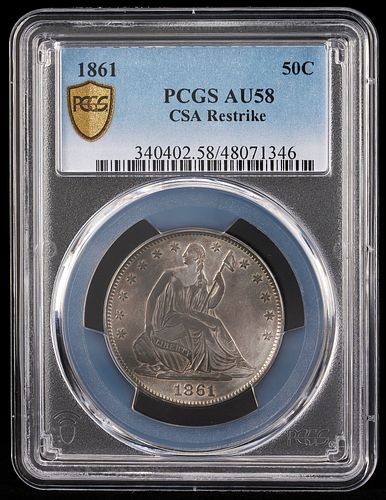 1861 50C CSA Scott Restrike Half Dollar, PCGS AU58