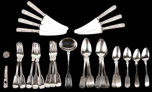 Group Marquand Coin Silver Flatware inc. knives, forks