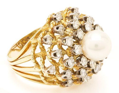 18K Beehive Style Pearl & Diamond Ring