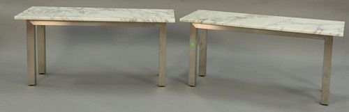 Pair of white marble top coffee tables on stainless steel bases. ht. 21 1/4in., lg. 45in., dp. 18in.