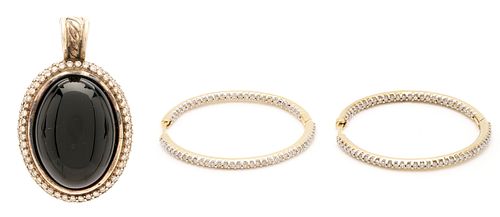 David Yurman Onyx & Sterling Pendant and Pr. 10K Gold & Diamond Earrings