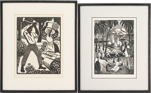 2 Albert Huie Jamacian Wood Block Genre Prints