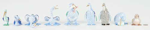 9 Herend Porcelain Bird Figurines, incl. Puffin & Penguins