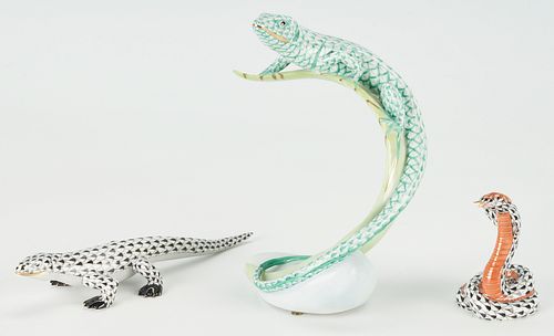 3 Herend Porcelain Reptile Figurines, Lizards & Cobra