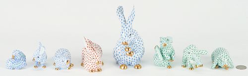 8 Herend Rabbit Porcelain Figurines, incl. Large Rabbit