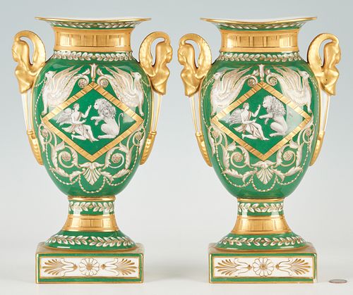 Pair French Green & Parcel Gilt Porcelain Urns
