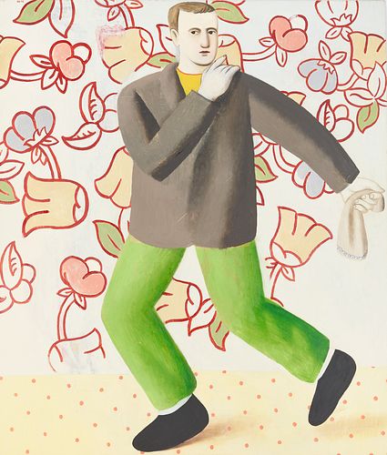 Brian Novatny Oil on Canvas, Man in Green Pants on Yellow Floor