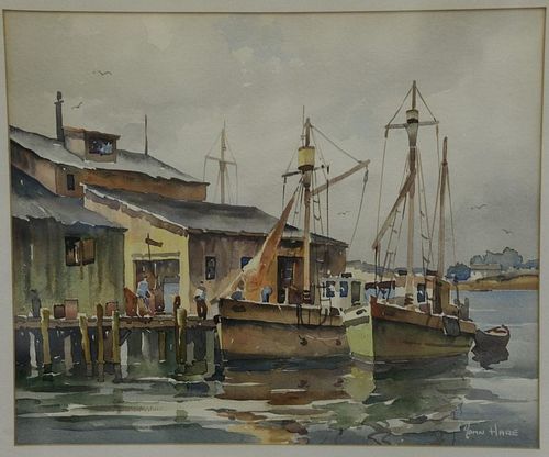 John Cuthbart Hare (1908-1978) watercolor "Fishing Craft" signed lower right John Hare, A.A. Munsons Son Fine Art label on ve