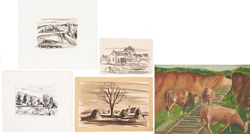 5 George Cress Paintings, incl. O/C of Cows, 4 Watercolors