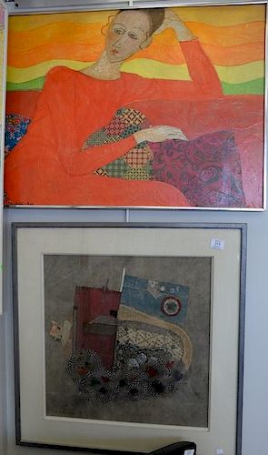 Two framed collages including Sylvia Fox modern collage of woman in a red dress signed lower left Sylvia Fox and Karl Mann (b