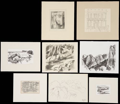 8 George Cress Matted Charcoal Drawings incl. Landscapes