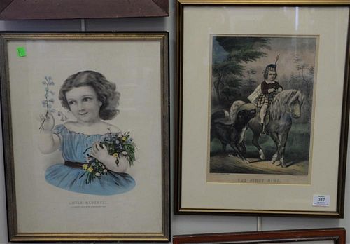 Seven Currier & Ives colored lithographs including "Kiss me Quick", "The First Ride", "The Pride of America", "The Soldier's 