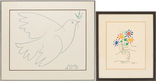 Two Pablo Picasso Framed Lithographs, Blue Dove & Bouquet of Peace