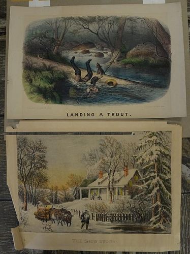 Six Currier & Ives colored lithographs, small folio to include "Landing Trout", "Summer Morning", "Summer Afternoon", "The Sn
