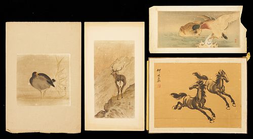 3 Ohara Koson Japanese Woodblock Prints plus Watercolor Painting