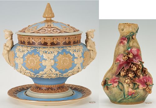 Amphora Vase & German Mettlach Punch Bowl w/ Stand
