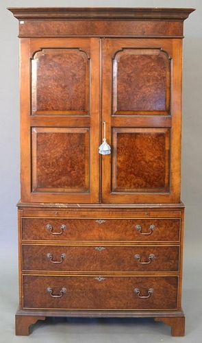 Burlwood chifferobe in two parts with two doors, one shelf over slide over three drawers. ht. 74 1/2 in., wd. 38in., dp. 22 1