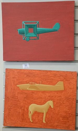 Set of four oil on canvas paintings by Manuel Saiz (b. 1961) including "Avion Verde", "Loire-Nieuport 1987", "Avion Ocre Con 