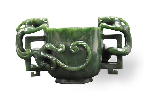 Chinese Spinach Jade Carved Dragon Cup,Qing Dynast