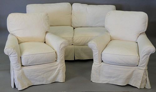 Three piece set including sofa and two chairs, all with custom slipcovers. lg. 75in.
