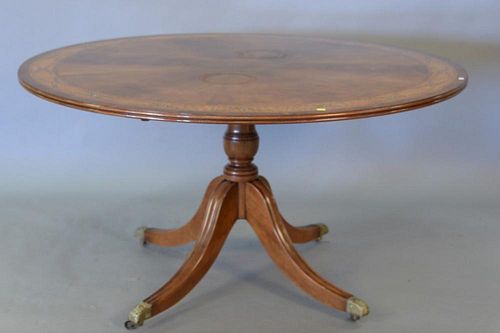Edwardian Adams style round dinner table with satinwood and paint decorated top on pedestal base (slight rings to middle area
