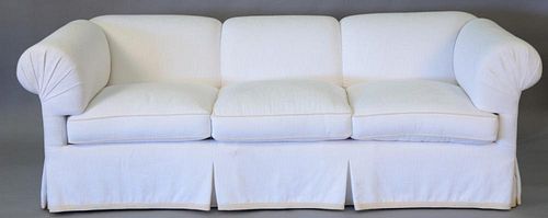 Custom upholstered sofa in white woven upholstery, excellent condition. wd. 86in.