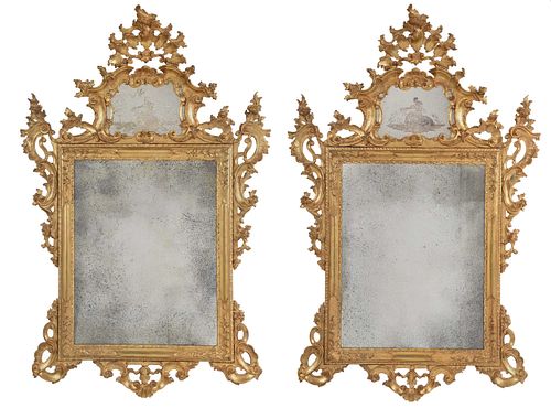 Fine Pair of Venetian Giltwood and Etched Glass Mirrors