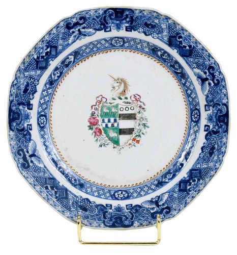 Chinese Export Armorial Porcelain Plate, Wilkinson and Burdeaux