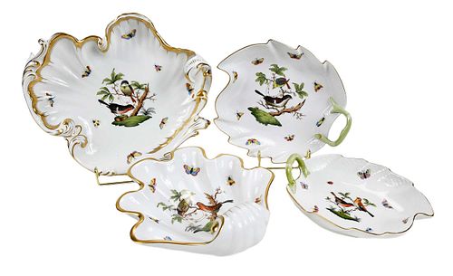 Group of Four Herend Rothschild Bird Serving Platters and Six Pimpernel Coasters