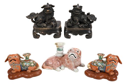 Group of Five Assorted Chinese Export Foo Dog Form Candlesticks