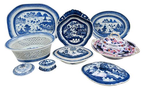 20 Pieces Chinese Export Blue and White Canton Ware and British Porcelain Tureen