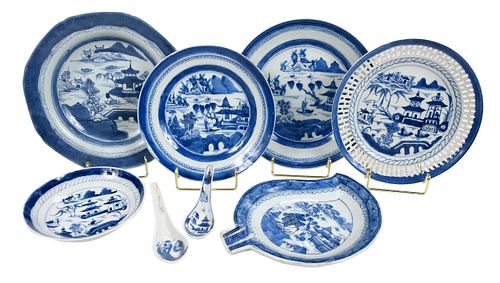 47 Pieces Chinese Export Blue and White Canton Ware 