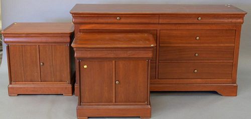 Three piece lot to include cherry double chest and two stands. ht. 33in., lg. 65in., dp. 19 1/2 in.