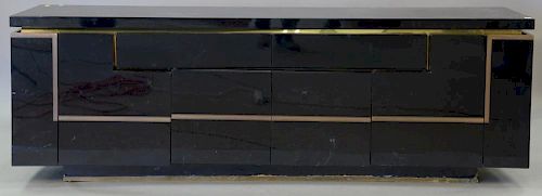 Large contemporary brass and black lacquer credenza bar cabinet. ht. 30in., wd. 91in., dp. 20in.